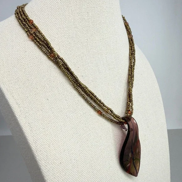 Dichroic Glass Teardrop Pendant Necklace Multi Strand Bronze Seed Beads - Picture 9 of 10